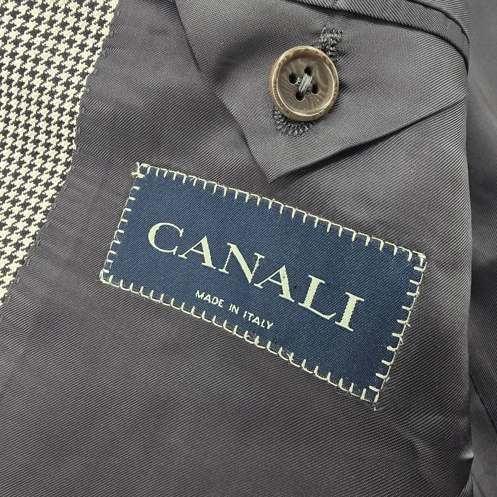 Canali Blazer Men 44R Black White Silk Wool Blend Houndstooth Sport Coat Italy